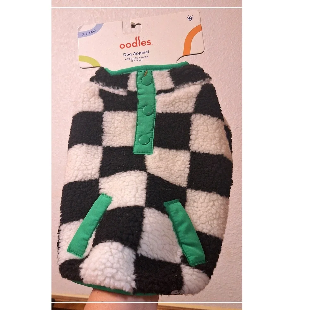 XS Checkered Sherpa Dog Jacket Oodles Black White Green Cozy Fall Pet Coat